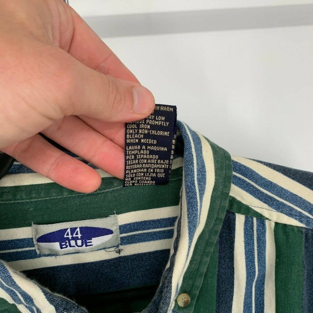 Vintage 90s 44 Blue Long Sleeve Vertical Stripe Button Up Shirt Mens XL Green - Picture 3 of 6